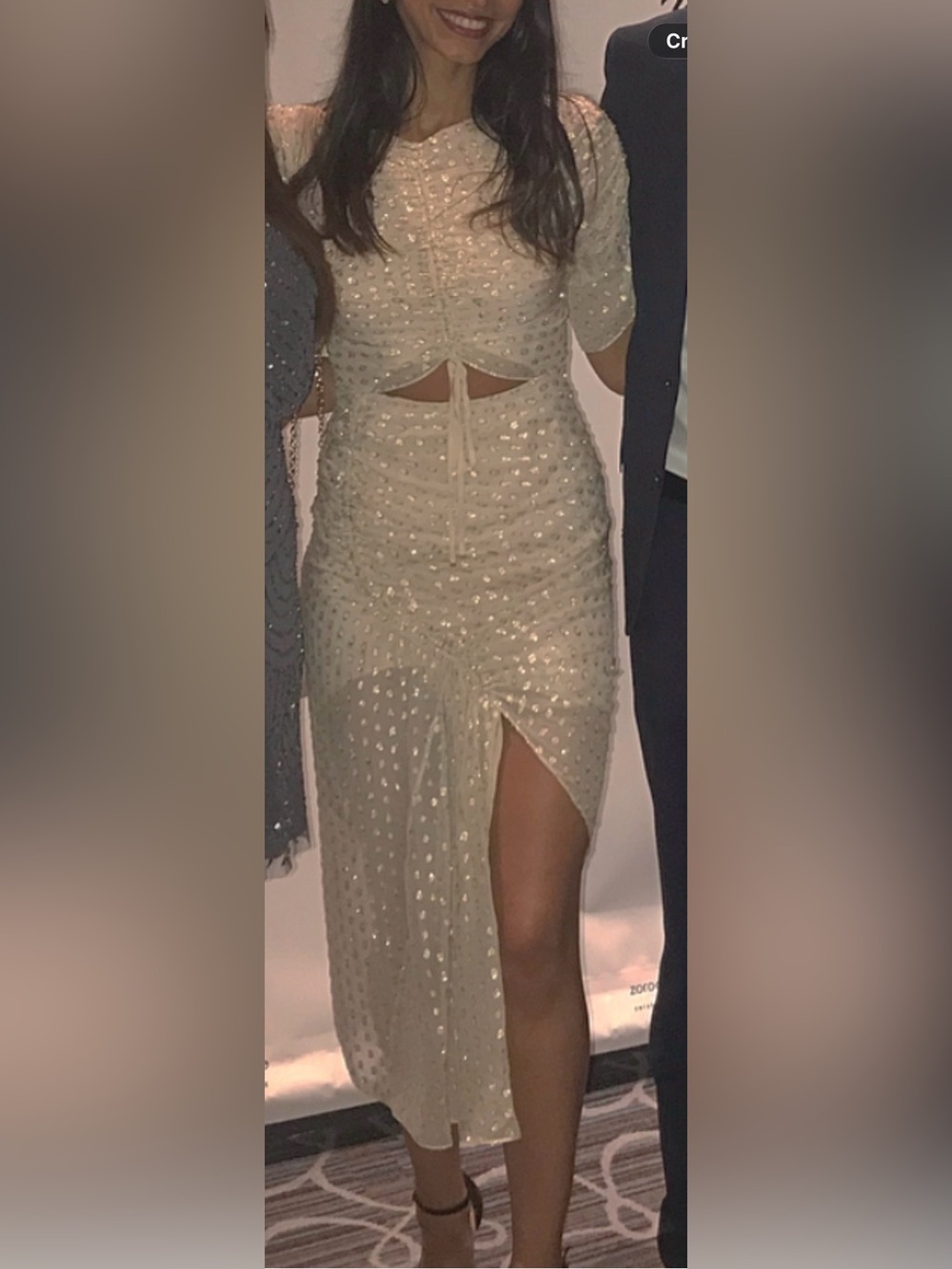 Alice McCall Champagne Sequin Ruched High-Low Dress with Front Slit